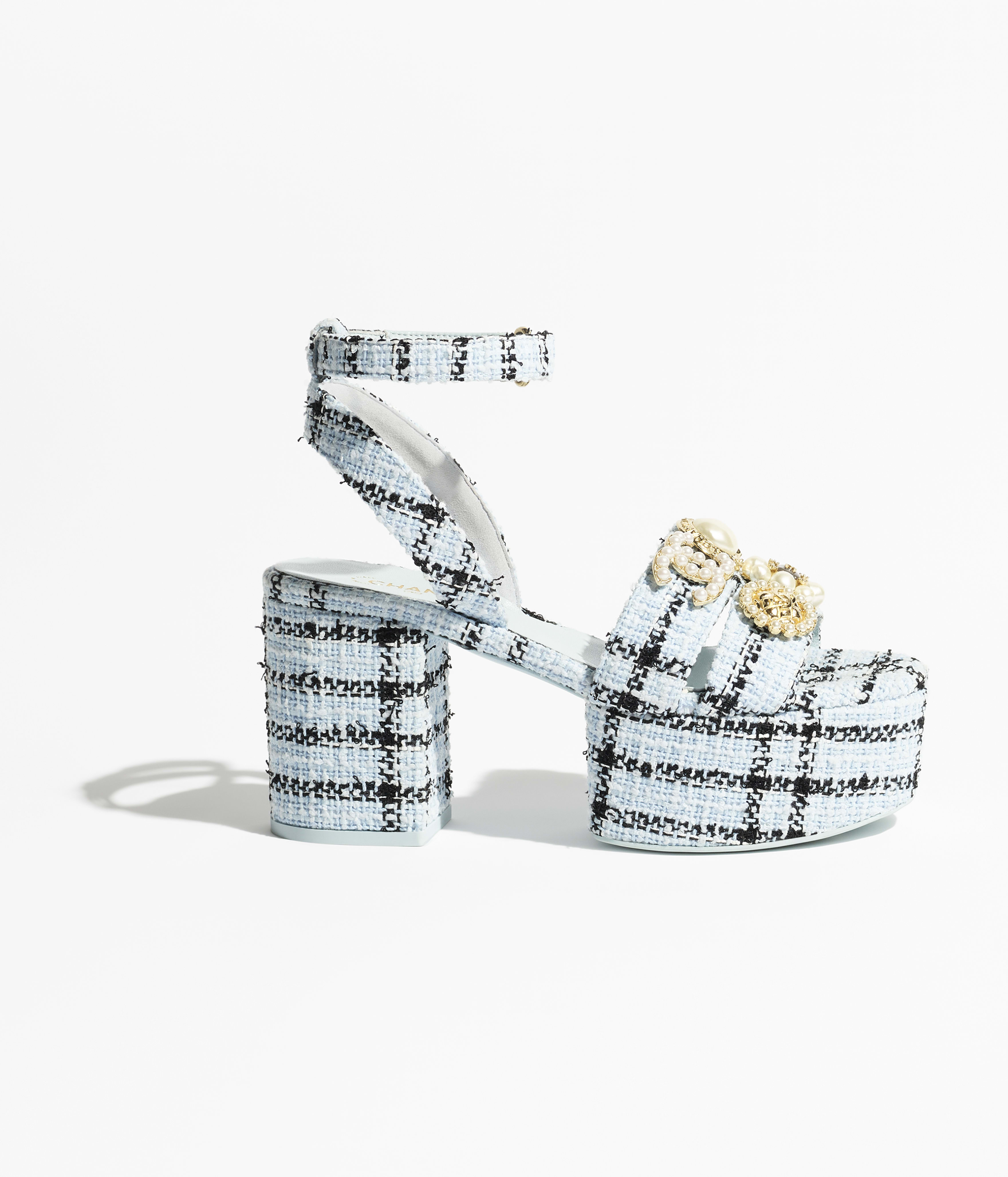 Sandals - Light Blue & Black - Tweed & Metal - 